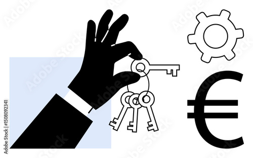 Hand holds multiple keys near gear and euro sign, emphasizing solutions, financial access, and innovation. Ideal for concepts thumbs up control, economy, finance, business strategy, leadership