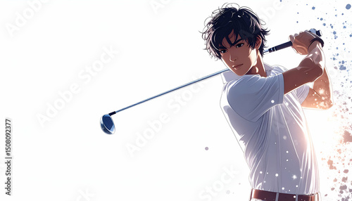 Anime Golfer Dynamic Swing, Sparkle Effects, Illustration