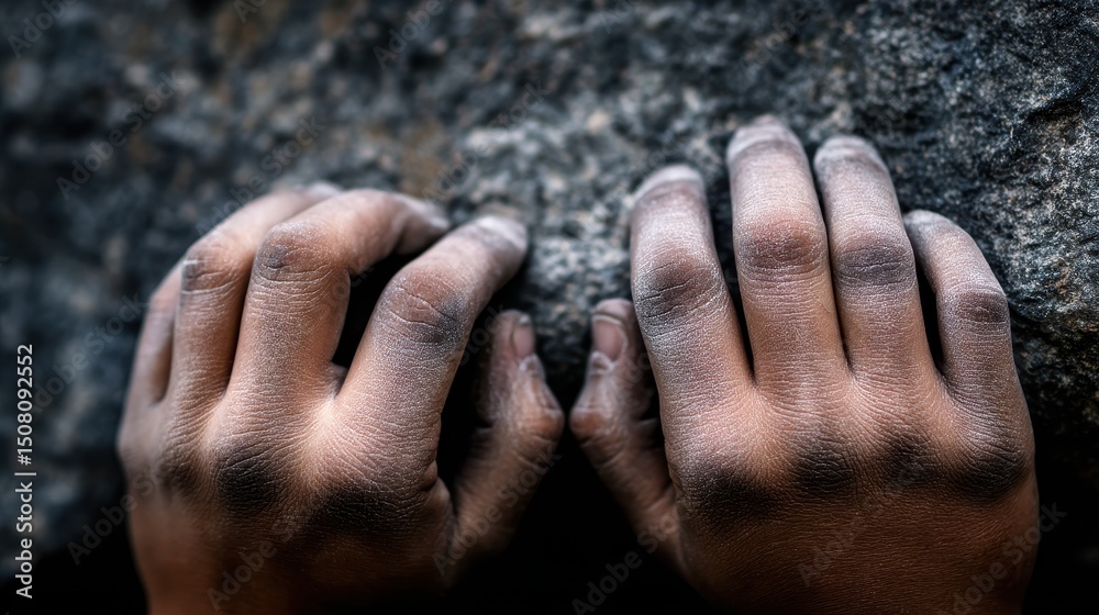 Fototapeta premium Close-up of two hands gripping a rocky surface, showcasing strength and determination in nature