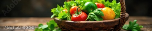 A rustic wooden salad basket overflowing with fresh, colorful vegetables and greens, ready to be served  Perfect for healthy eating and farm-to-table concepts ,  side dish,  colorful,  fresh