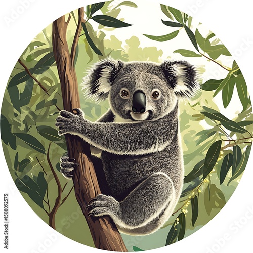 A koala clinging to a tree branch in a lush forest.
