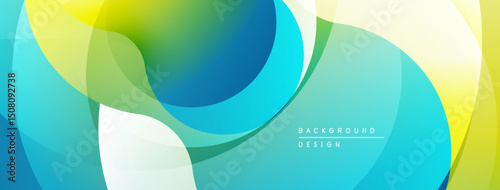 Abstract colorful waves, overlapping shapes create dynamic background. Smooth gradients, modern design elements present.