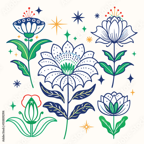 Magical fantasy garden vector with large floral blossoms and glowing star elements in blue and green shades, ideal for fairytale scenes, children’s prints, dreamy decor, and packaging

