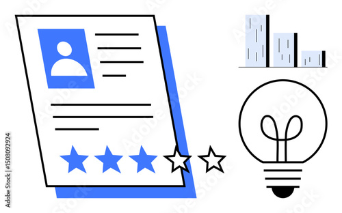 Evaluated resume document with star ratings, bar chart for performance metrics, glowing lightbulb symbolizing innovation. Ideal for feedback, evaluation, creativity, analysis, improvement, growth
