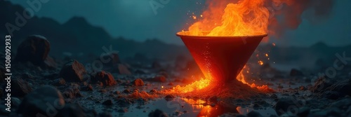 A narrow, dark funnel rapidly filling with a hazardous, glowing orange liquid, symbolizing imminent danger and potential catastrophe , toxic, security, waste