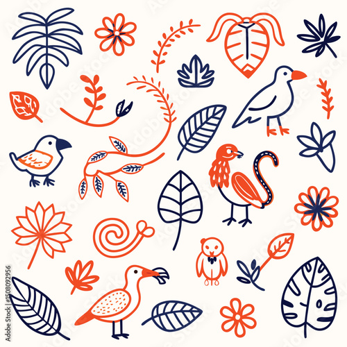 Colorful folk art style pattern with hand-drawn birds, animals, and floral elements in tribal design, perfect for kids books, ethnic prints, textile art, and cultural decorative visuals

