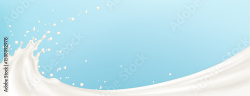 White milk splash wave - liquid swirl on light blue background. Creamy dairy product, yogurt or cream flow with drops and bubbles. Healthy drink smooth dessert ingredient in motion. 3d vector.