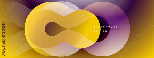 Abstract fluid shapes, vibrant gradients. Yellow, purple hues create modern design. Smooth transitions, dynamic composition.