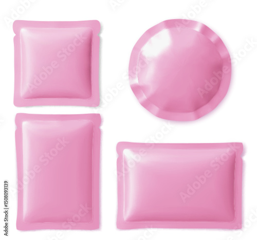 Set of blank pink foil packaging pouches and sachet bags in various shapes - square, round and rectangular. Glossy metallic plastic packs for cosmetic, face mask or food product. 3d packet mockups.