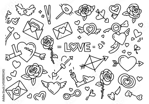 Vector outlines of love elements featuring hearts, roses, angle, and letters 