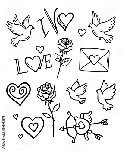 Vector outline icon set of love elements 