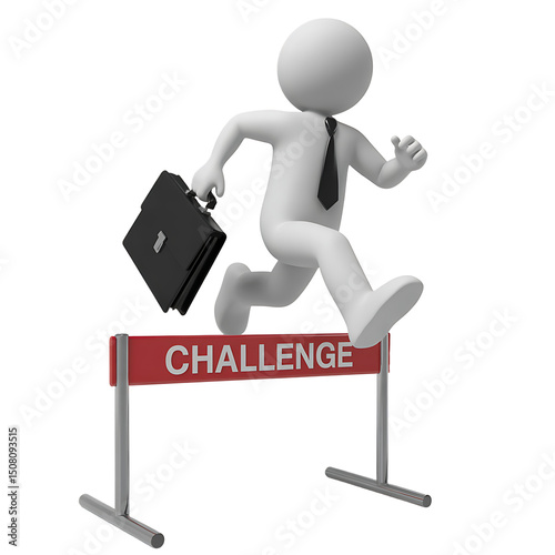 Foto 3D Stick Figure Businessman Jumping Over Challenge Hurdle on Transparent Backgro