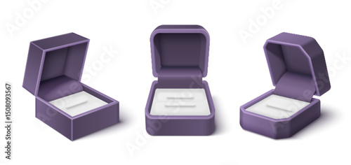Purple velvet ring box mockups of different shapes and views - open with white satin lining. Empty jewelry cases for engagement, wedding proposal. Realistic 3d luxury accessory packaging design.