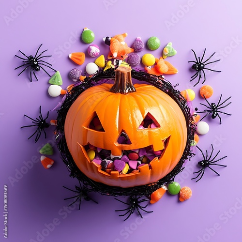 Halloween pumpkin filled with colorful candies and spiders.