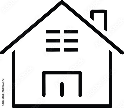 Simple black outline vector icon of a house with chimney, door, and windows, ideal for real estate, home services, architecture, and residential property design applications

