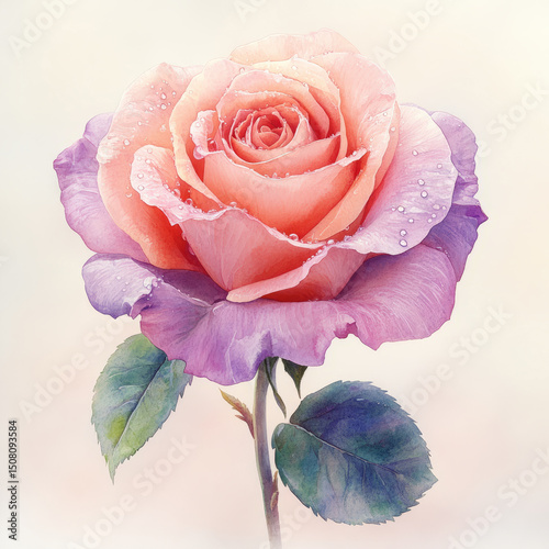 A pink and purple rose with water droplets on petals.