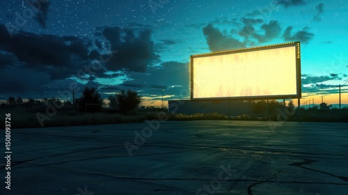 Nostalgic drive-in cinema experience under starry sky at dusk. Horizontal banner. Copy space. Mock-up, template for cinema or theatre