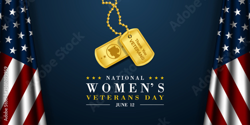 June 12 is National Womens Veterans Day. Two American flag and military tags. Suitable for posters, banners and social media. Blue background.