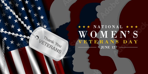 June 12 is National Womens Veterans Day. American flag, Womens and military tags. Suitable for posters, banners and social media. Black background.