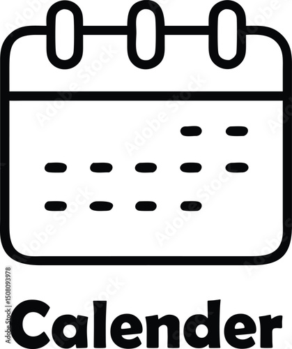Minimalist black calendar icon with three ring binders and simple dot date indicators, ideal for scheduling apps, planner designs, event reminders, and user interface elements in vector style


