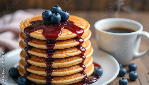A stack of pancakes with blueberry syrup on top and a cup of coffee next to it