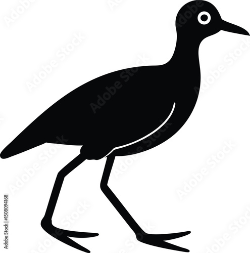 Black vector silhouette of a wading shorebird with long legs and pointed beak, facing left, used in wetland wildlife illustrations, field guides, educational prints, and nature visuals

