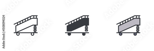 Airplane boarding stairs different style icon set.