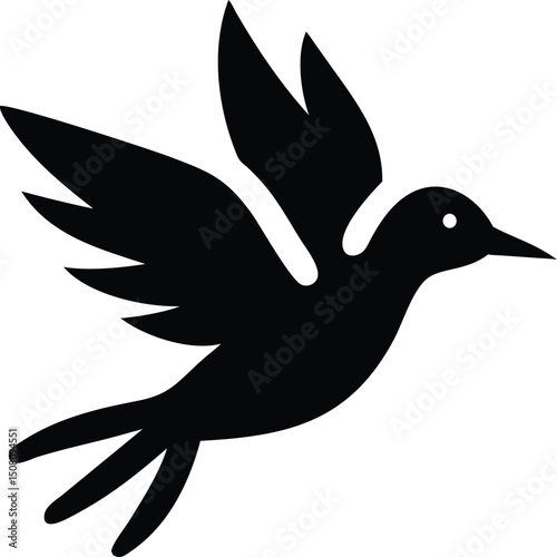 Black silhouette of a bird flying with fully spread wings, perfect for wildlife logos, nature illustrations, eco-friendly icons, sticker designs, and minimalist animal vector artwork

