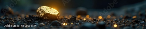 A lone golden nugget rests on a bed of rough, dark earth, sparkling under a single spotlight, symbolizing the rarity and value of original ideas , spotlight, treasure, dirt