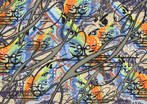 Colorful chaotic backdrop with cat heads and linear motifs for fabrics or covers. Bright animal motifs with dots for fashion trends, business concepts, cover, scrapbooking, interiors, tiles, prints