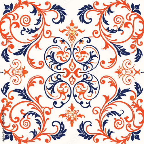 vector_file_22.epElegant ornamental seamless pattern featuring red and blue vintage floral motifs, perfect for wallpaper, fabric, interior design, tiles, invitations, and heritage decor inspired projs