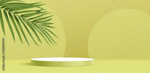 Luxury podium display with palm leaf - green tropical plant on pastel olive background. Round white platform, pedestal for cosmetic product showcase. Elegant 3d stage summer, eco friendly concept .
