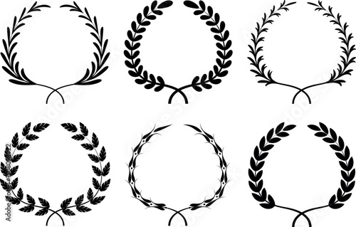 Set of circular laurel wreath. Emblem floral Greek branch of oak leaves, eucalyptus leaf, Wheat, winner award, champion medal, swirls, twigs and flower ornaments vector	