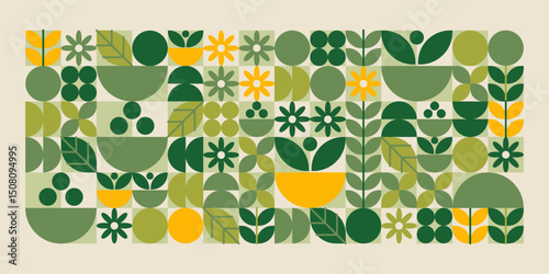 Green geometric plant shapes pattern. Simplified leaves and flowers, berries in warm yellow and olive tones in grid layout. Stylized floral elements composition. Organic nature vector illustration.