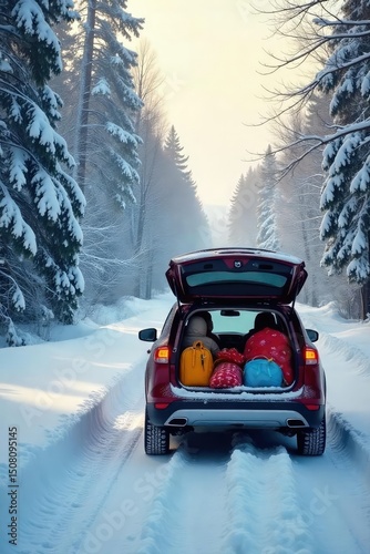 A family's car is packed to the brim, ready for a spring road trip, leaving the snowy winter landscape behind  The last snowflakes fall as they embark on their journey south , winter, suitcases
