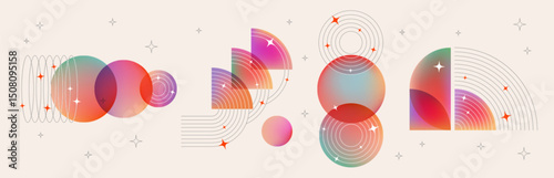 Bauhaus abstract design elements for music poster - colorful gradient semicircles and spheres with lines and stars. Bright modern dynamic geometric graphic shapes, retro vector illustration background