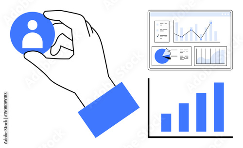 Hand holding user profile icon, digital analytics dashboard with pie charts and graphs, ascending bar chart. Ideal for data analysis, business planning, user targeting, marketing, growth strategy