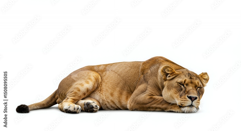 Obraz premium Isolated Lioness Resting on a Clean White Background Featuring Detailed Fur Texture and Relaxed Posture in a Studio Shot With Natural Lighting