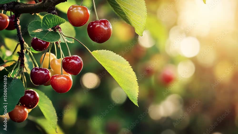 Cherries ripening on a branch under sunlight in a lush green environment during summer, Fresh cherries on tree branch with sunlight and green leaves