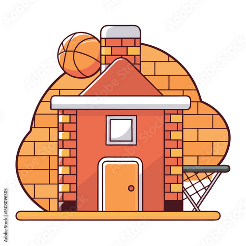 A quirky brick house with a basketball and net evokes playful charm