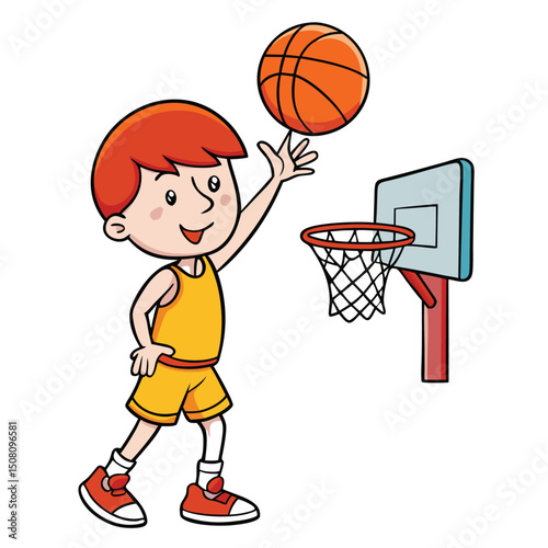 A young redheaded boy in a yellow jersey spins a basketball toward the hoop