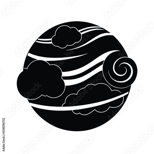 Abstract black and white illustration featuring clouds and stylized swirling design elements