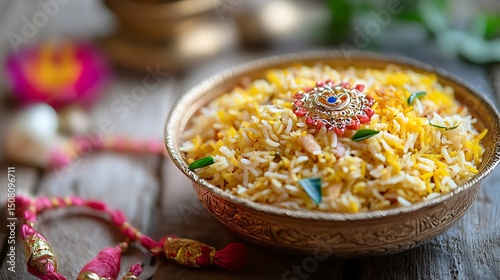 Ornamented bowl of yellow rice dish.