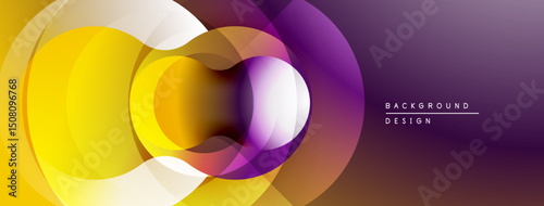 Abstract overlapping circles create vibrant gradient effect. Purple, yellow, white hues blend smoothly. Modern design element.