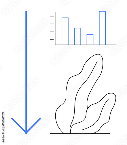 Downward arrow beside a simple bar chart and abstract plant for themes of progress, direction, growth, and analytics. Ideal for business, nature, strategy, trends, education and simple landing page