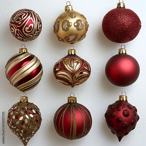 Assorted christmas ornaments in shades of red and gold.