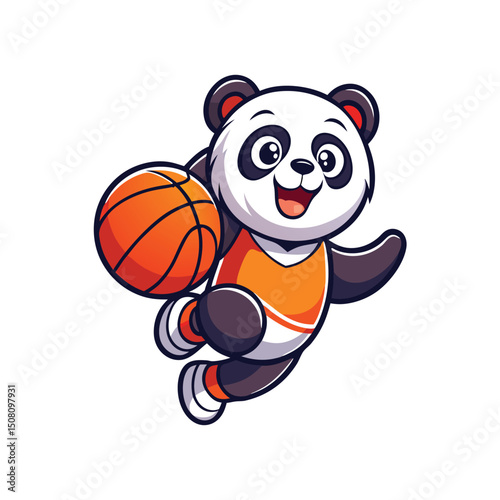 Animated panda wearing orange basketball gear happily dribbles a ball mid jump on white