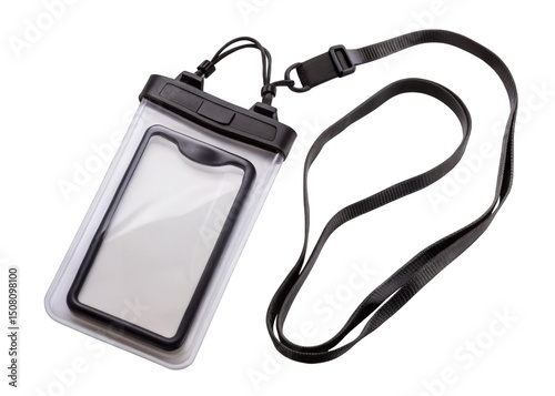 Waterproof phone pouch with lanyard isolated on transparent background.