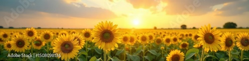 Vibrant yellow sunflowers stretching towards the sun in a vast, idyllic field  A stunning display of nature's beauty, perfect for summer themes and agricultural imagery ,  blossom,  wildflower