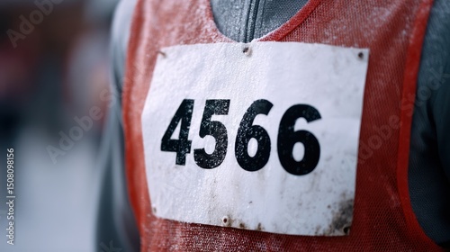 Close-up of a runner's bib number 4566 during a snowy outdoor marathon event